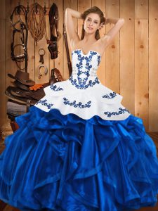 Elegant Satin and Organza Strapless Sleeveless Lace Up Embroidery and Ruffles 15th Birthday Dress in Blue
