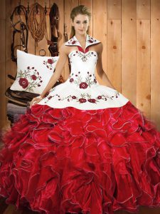 Floor Length White And Red Quinceanera Dress Satin and Organza Sleeveless Embroidery and Ruffles