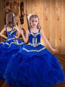 Royal Blue Lace Up Child Pageant Dress Embroidery Sleeveless Floor Length
