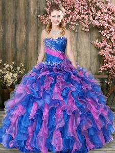 Popular Multi-color Ball Gowns Organza Sweetheart Sleeveless Beading and Ruffles Floor Length Lace Up 15th Birthday Dres
