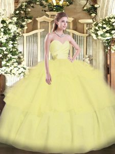 Attractive Organza Sweetheart Sleeveless Lace Up Beading and Ruffled Layers Quinceanera Gown in Light Yellow
