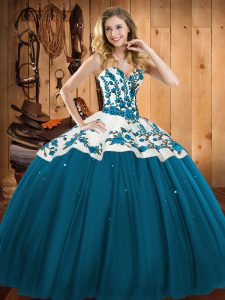 Teal Sweetheart Lace Up Embroidery Sweet 16 Dresses Sleeveless