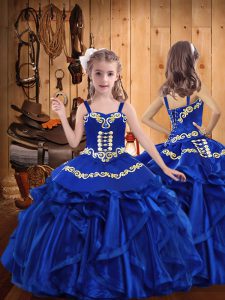 Simple Organza Straps Sleeveless Lace Up Embroidery and Ruffles Girls Pageant Dresses in Royal Blue