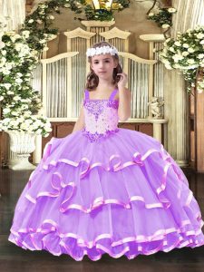 Lilac Straps Lace Up Beading and Ruffled Layers Pageant Dresses Sleeveless
