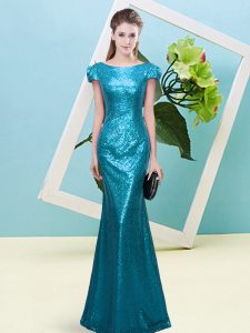 Artistic Cap Sleeves Sequined Floor Length Zipper Celebrity Style Dress in Teal with Sequins