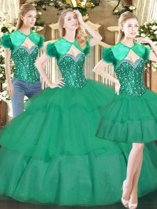 Noble Turquoise Ball Gowns Beading and Ruffled Layers Quinceanera Dress Lace Up Tulle Sleeveless Floor Length