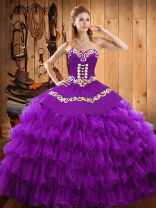 Beautiful Floor Length Lace Up Quinceanera Dress Purple for Military Ball and Sweet 16 and Quinceanera with Embroidery a