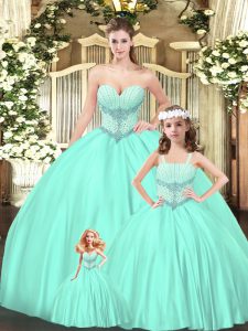 Exquisite Floor Length Lace Up Quince Ball Gowns Aqua Blue for Military Ball and Sweet 16 and Quinceanera with Beading