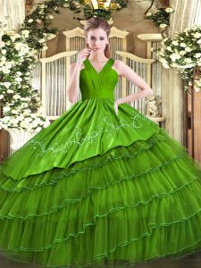 Olive Green Zipper V-neck Embroidery and Ruffled Layers Sweet 16 Dress Satin and Organza Sleeveless