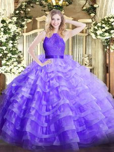 Vintage Ball Gowns Quinceanera Dress Lavender Scoop Organza Sleeveless Floor Length Zipper