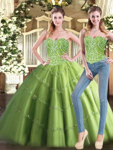 Low Price Olive Green Tulle Lace Up Quince Ball Gowns Sleeveless Floor Length Beading