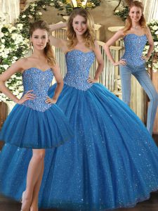 Great Teal Tulle Lace Up Quinceanera Gown Sleeveless Floor Length Beading