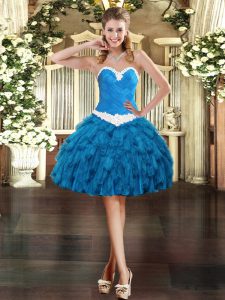 Blue Sleeveless Appliques and Ruffles Mini Length Prom Dress
