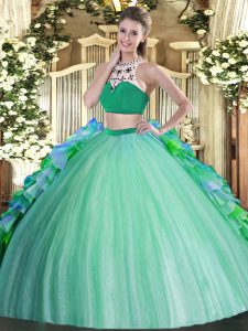 Sleeveless Tulle Floor Length Backless Sweet 16 Dresses in Multi-color with Beading and Ruffles