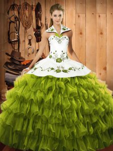 Olive Green Sleeveless Embroidery and Ruffled Layers Floor Length 15th Birthday Dress