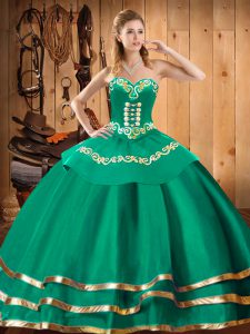 Turquoise Lace Up Sweetheart Embroidery Ball Gown Prom Dress Organza Sleeveless