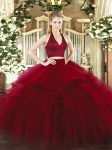 Fine Sleeveless Organza Floor Length Zipper Quinceanera Gown in Wine Red with Ruffles