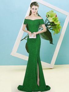 Latest Green Sequined Zipper Off The Shoulder Short Sleeves Celebrity Prom Dress Sweep Train Sequins