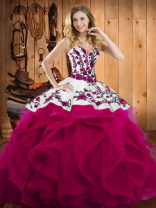 Great Fuchsia Ball Gowns Satin and Organza Sweetheart Sleeveless Embroidery Floor Length Lace Up Sweet 16 Quinceanera Dr