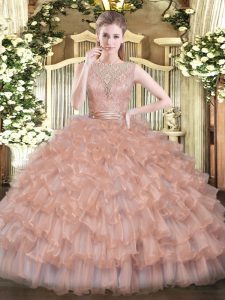 Stunning Beading and Ruffled Layers 15 Quinceanera Dress Peach Backless Sleeveless Floor Length