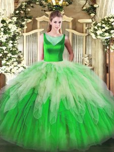 Multi-color Sleeveless Floor Length Beading and Ruffles Side Zipper Quince Ball Gowns