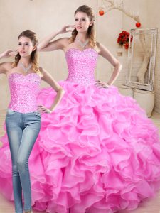 Super Floor Length Lace Up Quinceanera Dress Rose Pink for Sweet 16 and Quinceanera with Beading and Ruffles