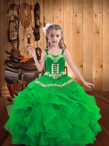 Ball Gowns Girls Pageant Dresses Green Straps Organza Sleeveless Floor Length Lace Up