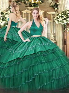 Deluxe Dark Green Halter Top Zipper Embroidery and Ruffled Layers Sweet 16 Dresses Sleeveless