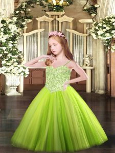 Custom Designed Tulle Spaghetti Straps Sleeveless Lace Up Appliques Little Girl Pageant Dress in Yellow Green