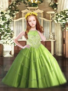 Ball Gowns Tulle Scoop Sleeveless Beading and Appliques Floor Length Zipper Pageant Dress Toddler