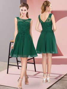 Lovely Sleeveless Chiffon Knee Length Zipper Bridesmaids Dress in Dark Green with Appliques