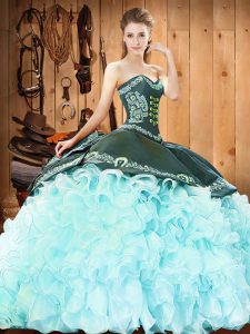 Court Train Ball Gowns Quinceanera Dresses Aqua Blue Sweetheart Organza Sleeveless Lace Up