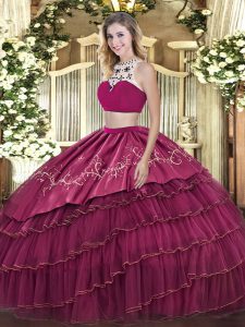 Suitable Fuchsia Sleeveless Floor Length Beading and Embroidery and Ruffled Layers Backless Sweet 16 Quinceanera Dress