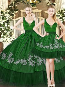 Dark Green Quince Ball Gowns Military Ball and Sweet 16 and Quinceanera with Appliques Straps Sleeveless Lace Up