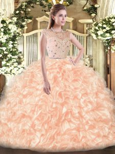 Ball Gowns Sweet 16 Dresses Peach Bateau Tulle Sleeveless Floor Length Zipper