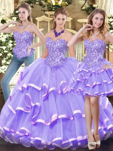 Top Selling Lavender Organza Zipper Quince Ball Gowns Sleeveless Floor Length Appliques and Ruffled Layers