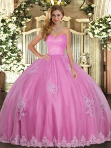 Customized Floor Length Lace Up Sweet 16 Quinceanera Dress Rose Pink for Military Ball and Sweet 16 and Quinceanera with