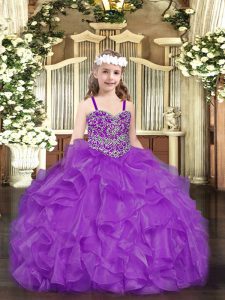 Best Purple Ball Gowns Beading and Ruffles Kids Pageant Dress Lace Up Organza Sleeveless Floor Length