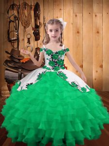 Beautiful Green Off The Shoulder Lace Up Embroidery and Ruffled Layers Glitz Pageant Dress Sleeveless