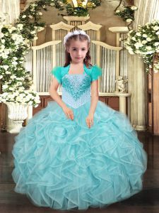 Aqua Blue and Apple Green Organza Lace Up Evening Gowns Sleeveless Floor Length Beading and Ruffles