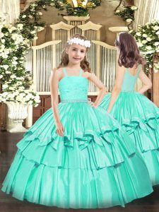 Affordable Floor Length Turquoise Child Pageant Dress Organza Sleeveless Beading and Lace