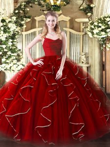 Stylish Sleeveless Floor Length Ruffles Zipper 15th Birthday Dress with Wine Red