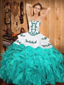 Flirting Aqua Blue Lace Up 15 Quinceanera Dress Embroidery and Ruffles Sleeveless Floor Length
