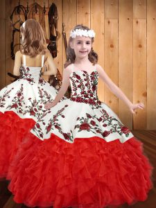 Luxurious Red Organza Lace Up Pageant Gowns Sleeveless Floor Length Embroidery and Ruffles