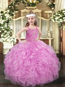 Stunning Floor Length Lace Up Kids Formal Wear Rose Pink for Party with Beading and Ruffles