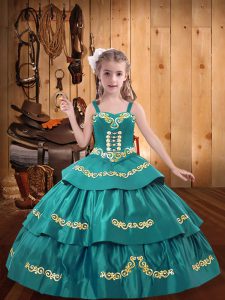 Stunning Turquoise Straps Lace Up Embroidery Girls Pageant Dresses Sleeveless