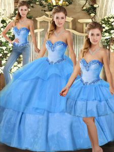 Organza Sweetheart Sleeveless Lace Up Beading and Ruffled Layers Quinceanera Dress in Baby Blue