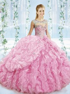 Sleeveless Beading and Ruffles Lace Up Quinceanera Gowns with Baby Pink Brush Train
