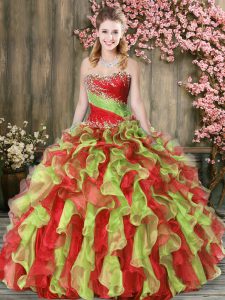 Suitable Multi-color Ball Gowns Beading and Ruffles Sweet 16 Quinceanera Dress Lace Up Organza Sleeveless Floor Length