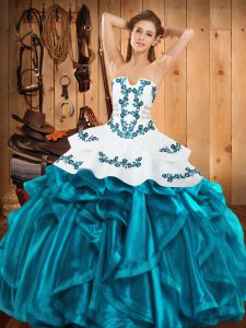 Attractive Teal Strapless Lace Up Embroidery and Ruffles Quinceanera Dress Sleeveless